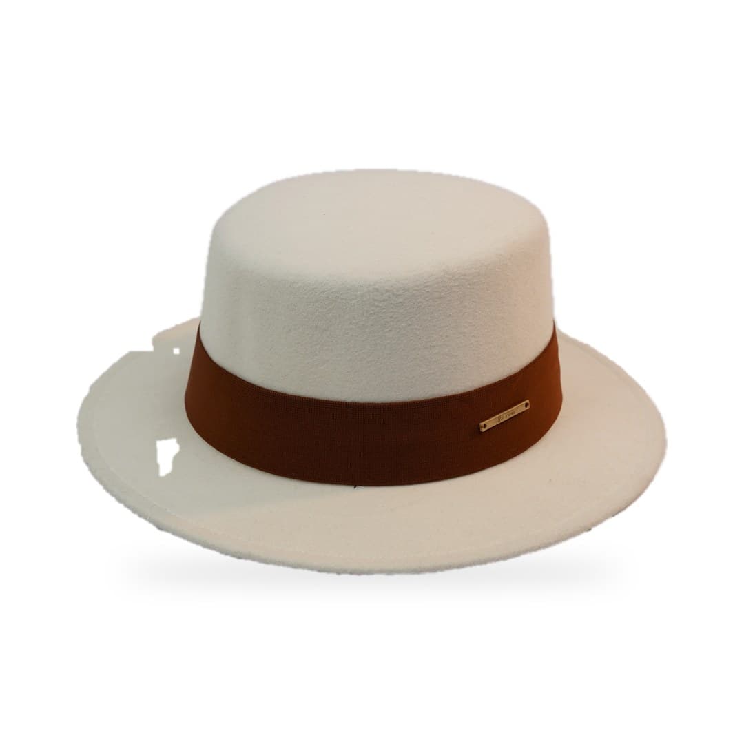 Canotier Feutre Blanc Ruban Caramel