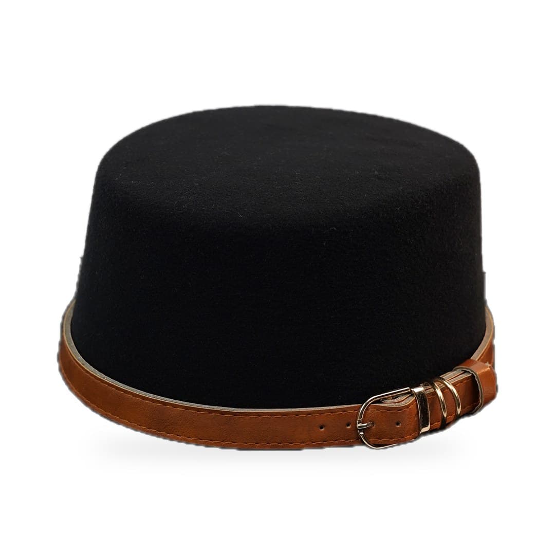 Canotier Feutre Noir Ceinture Camel